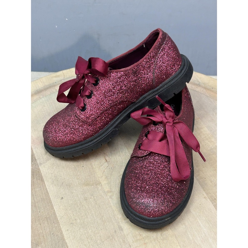 Cat & Jack Shoes Girls Size 12 Burgundy Glitter Oxford Dress Ribbon Lace‎ Up